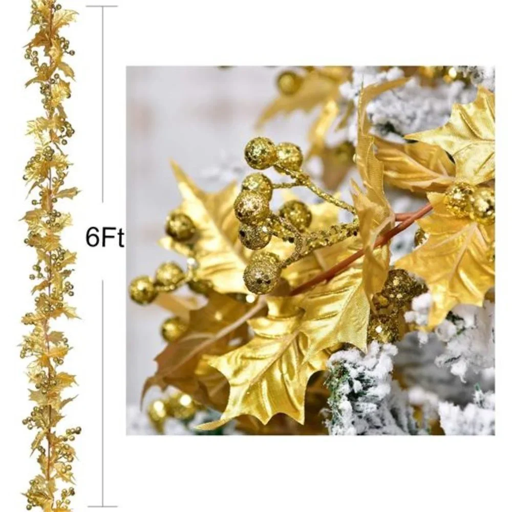 6FT Gold Berry Christmas Garland, Flexible Artificial for Indoor Outdoor Home